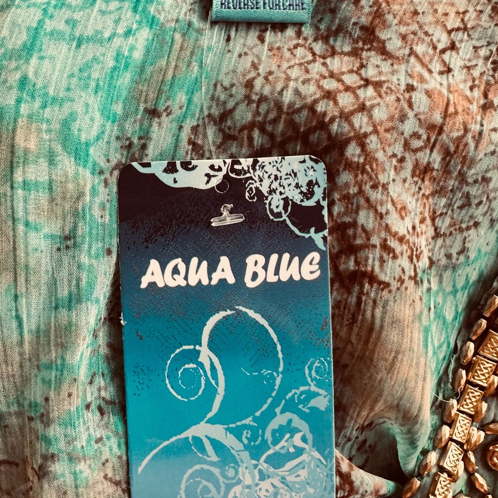 Aqua Blu Teal and Brown embellished neckline Sheer , 1X, bust 23" across NWT - Picture 8 of 9